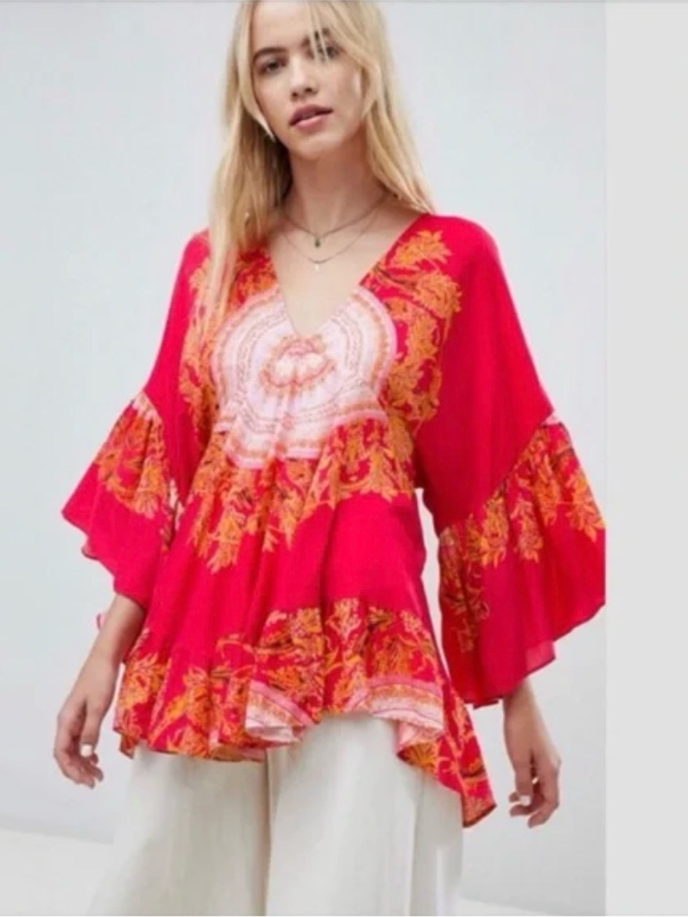 Free People Sunset Dreams Top Small Red Boho Bell Sleeve Flowy Blouse